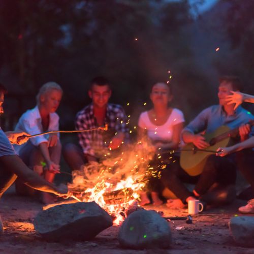 vanlife-community mehrere menschen um ein lagerfeuer mit gitarre